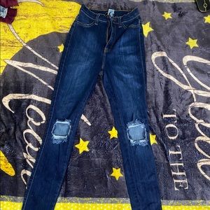High Waisted Distressed Dark Wash Skinny Jeans